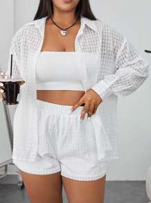 SHEIN EZwear Bộ thời trang Plus Size Túi cắt Nút phía trước màu trơn Giải trí - trắng - Xem 3