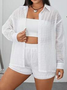 SHEIN EZwear Bộ thời trang Plus Size Túi cắt Nút phía trước màu trơn Giải trí - trắng - Xem 4