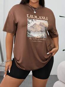 SHEIN EZwear Áo thun Plus size Slogan Giải trí - màu nâu - Xem 2