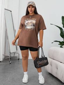SHEIN EZwear Áo thun Plus size Slogan Giải trí - màu nâu - Xem 4