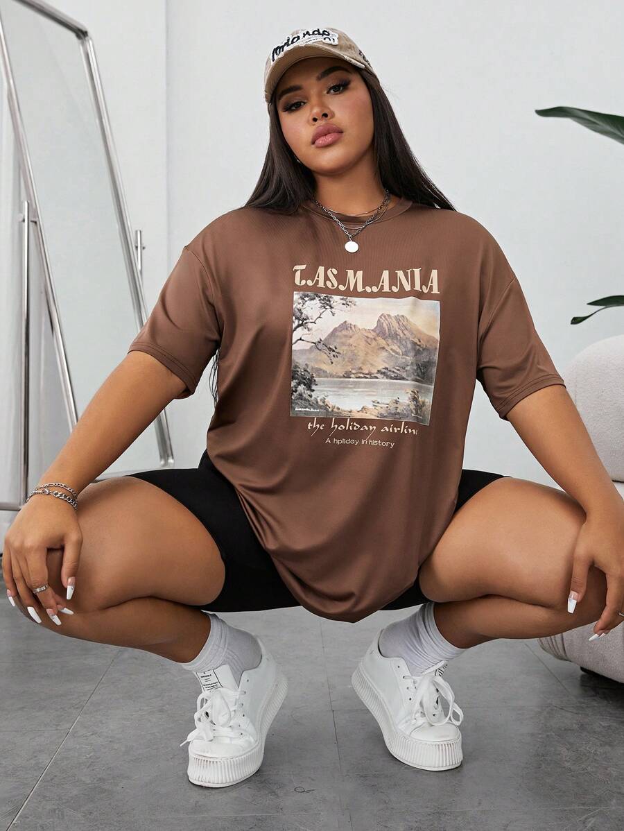 SHEIN EZwear Áo thun Plus size Slogan Giải trí - màu nâu - Xem 1