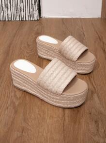 女士極簡編織坡跟草編度假涼鞋 - 白色 - 查看 2