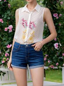 GENKIRA Floral Print Button Front Sleeveless Shirt - White - View 1