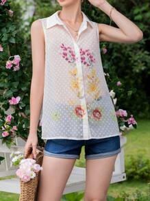 GENKIRA Floral Print Button Front Sleeveless Shirt - White - View 4