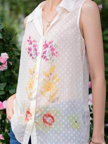 GENKIRA Floral Print Button Front Sleeveless Shirt - White - View 5