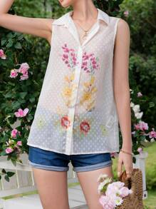 GENKIRA Floral Print Button Front Sleeveless Shirt - White - View 6