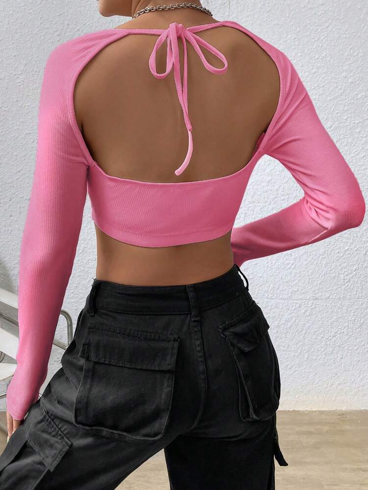 Square Neck Tie Backless Crop Top