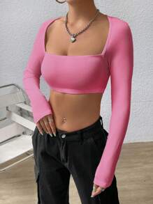 SHEIN ICON Square Neck Tie Backless Crop Top - Pink - View 3