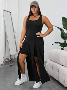 SHEIN EZwear 2pcs Women Plus Size Solid Color Square Neck Sleeveless Top With Split Hem Shorts Set, Casual
