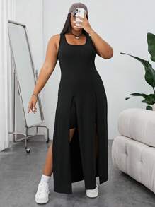 SHEIN EZwear 2pcs Women Plus Size Solid Color Square Neck Sleeveless Top With Split Hem Shorts Set, Casual