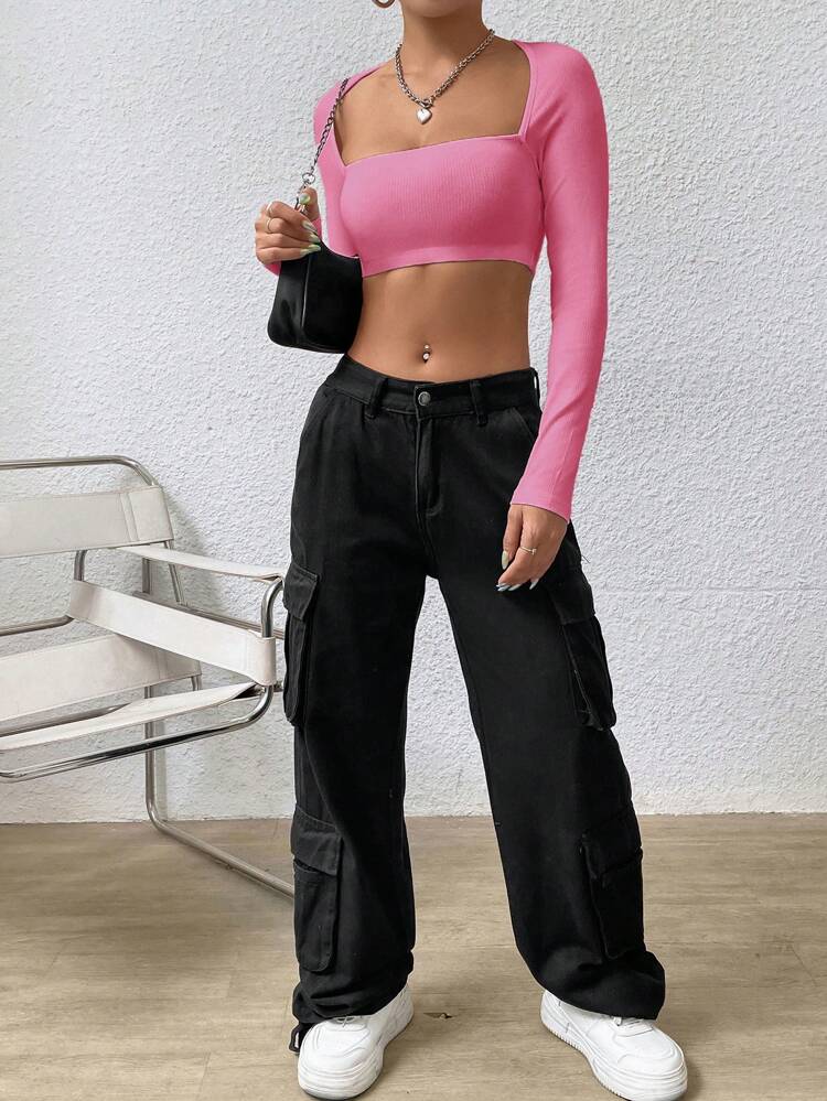 Square Neck Tie Backless Crop Top