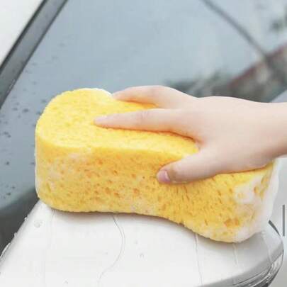 1 miếng bọt biển rửa xe nén màu vàng, khối bọt biển tổ ong dày để làm sạch xe hơi, thấm nước và nở ra