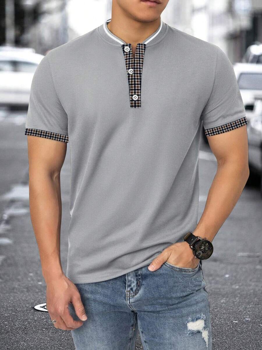 Manfinity Homme Áo thun có cổ Nam Nút phía trước Tương phản ràng buộc Sọc ca rô Giải trí - Xám - Xem 1