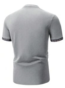 Manfinity Homme Áo thun có cổ Nam Nút phía trước Tương phản ràng buộc Sọc ca rô Giải trí - Xám - Xem 2