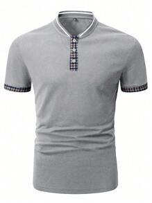 Manfinity Homme Áo thun có cổ Nam Nút phía trước Tương phản ràng buộc Sọc ca rô Giải trí - Xám - Xem 4