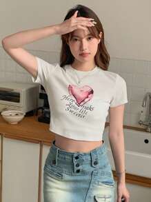 DAZY Đồ họa trái tim & khẩu hiệu Áo phông Crop - trắng - Xem 2