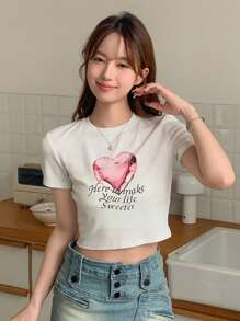 DAZY Đồ họa trái tim & khẩu hiệu Áo phông Crop - trắng - Xem 3