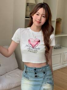 DAZY Đồ họa trái tim & khẩu hiệu Áo phông Crop - trắng - Xem 4