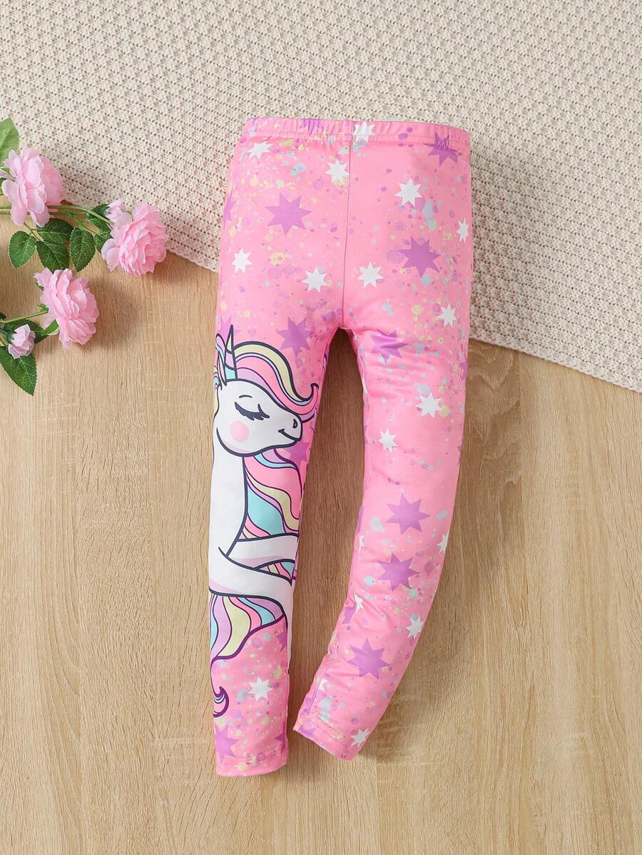 Young Girl Unicorn Print Leggings - Pink - View 1