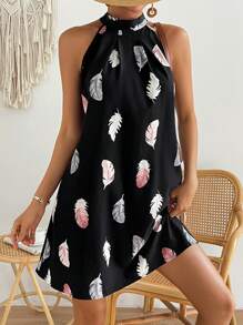 SHEIN VCAY Feather Print Tie Back Halter Neck Dress - Black - View 1