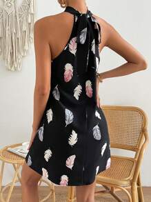 SHEIN VCAY Feather Print Tie Back Halter Neck Dress - Black - View 2