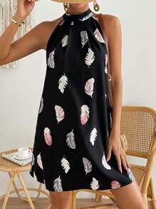 SHEIN VCAY Feather Print Tie Back Halter Neck Dress - Black - View 3