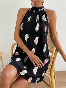 SHEIN VCAY Feather Print Tie Back Halter Neck Dress - Black - View 4