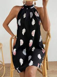 SHEIN VCAY Feather Print Tie Back Halter Neck Dress - Black - View 5