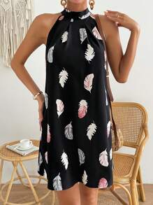 SHEIN VCAY Feather Print Tie Back Halter Neck Dress - Black - View 6