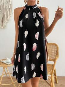 SHEIN VCAY Feather Print Tie Back Halter Neck Dress - Black - View 7