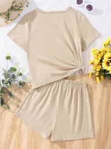 Girls Cartoon & Letter Graphic Tee & Shorts - Apricot - View 2