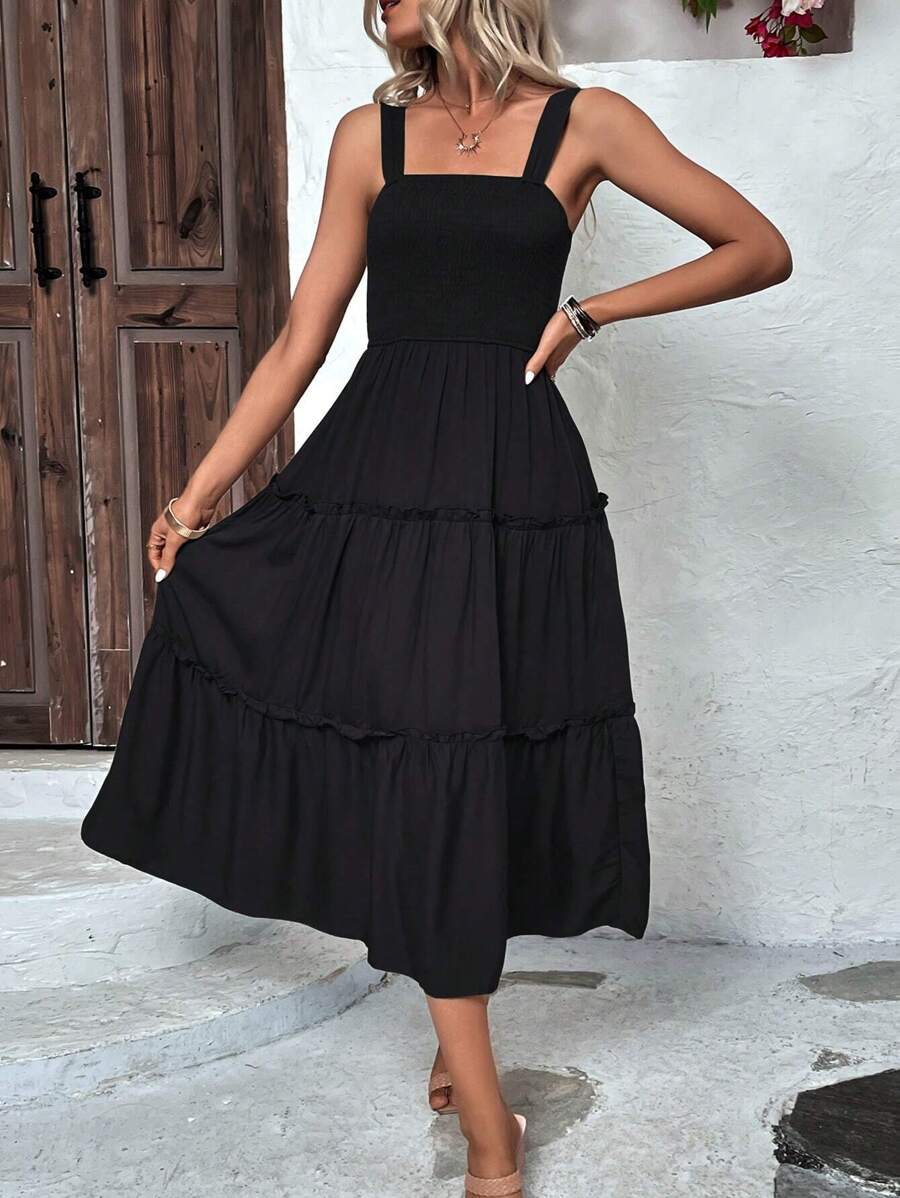 SHEIN Clasi Solid Frill Trim Cami Dress Maxi Women Outfit - Black - View 1