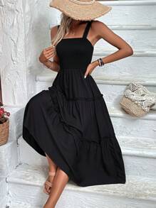 SHEIN Clasi Solid Frill Trim Cami Dress Maxi Women Outfit - Black - View 3