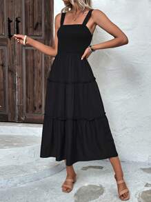 SHEIN Clasi Solid Frill Trim Cami Dress Maxi Women Outfit - Black - View 4