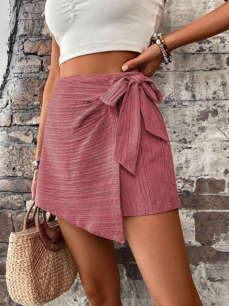SHEIN LUNE Quần đùi nữ Thắt nút Trọn gói Dây kéo màu trơn Giải trí - Gỗ đỏ - Xem 1