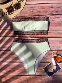 豹紋網紗邊抹胸比基尼泳裝 - 薄荷綠 - 查看 3