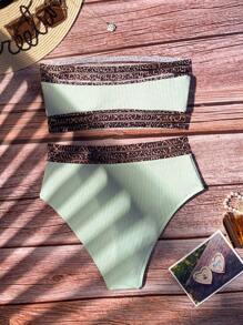 豹紋網紗邊抹胸比基尼泳裝 - 薄荷綠 - 查看 2