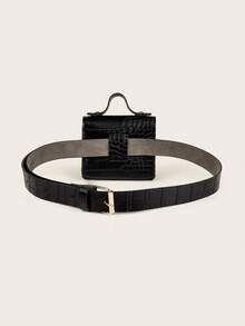 1入組女孩鱷魚壓紋鎖墜飾翻蓋腰包 - 黑色 - 查看 2