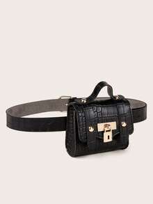 1入組女孩鱷魚壓紋鎖墜飾翻蓋腰包 - 黑色 - 查看 3