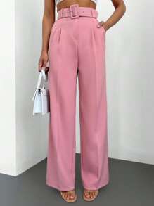 EURMUSE Của phụ nữ Phong cách Pháp Màu thuần Cao eo Xếp li Thắt lưng Quần tây - Hồng - Xem 1