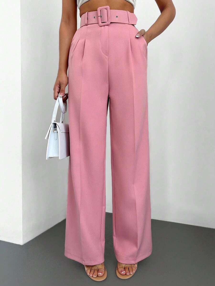 EURMUSE Của phụ nữ Phong cách Pháp Màu thuần Cao eo Xếp li Thắt lưng Quần tây - Hồng - Xem 1