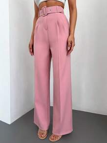 EURMUSE Của phụ nữ Phong cách Pháp Màu thuần Cao eo Xếp li Thắt lưng Quần tây - Hồng - Xem 4