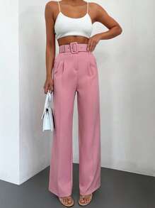 EURMUSE Của phụ nữ Phong cách Pháp Màu thuần Cao eo Xếp li Thắt lưng Quần tây - Hồng - Xem 6