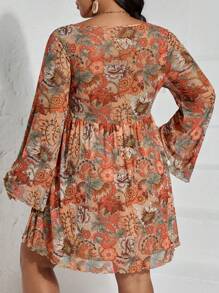 SHEIN VCAY Plus Floral Print Knot Front Trumpet Sleeve Dress - Multicolor - View 2