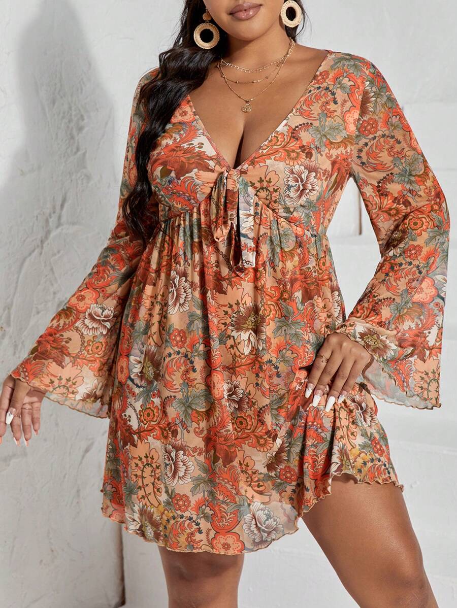 SHEIN VCAY Plus Floral Print Knot Front Trumpet Sleeve Dress - Multicolor - View 1