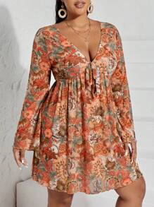 SHEIN VCAY Plus Floral Print Knot Front Trumpet Sleeve Dress - Multicolor - View 4