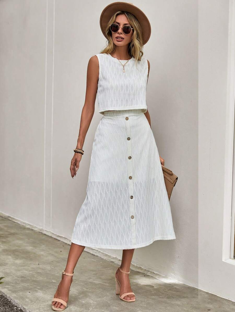 SHEIN LUNE Bộ đồ hai mảnh nữ Nút phía trước màu trơn Giải trí - trắng - Xem 1