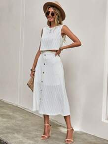 SHEIN LUNE Solid Tank Top & Button Detail Skirt - White - View 3