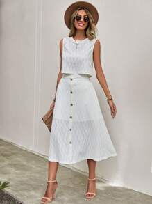 SHEIN LUNE Solid Tank Top & Button Detail Skirt - White - View 4
