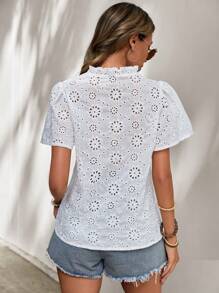 SHEIN LUNE 褶邊泡泡袖襯衫 - 白色 - 查看 2